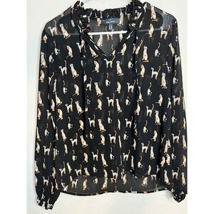 Women’s Black Sheer Animal Print Blouse Long Sleeve Ruffle Neck Boho Chic Top S